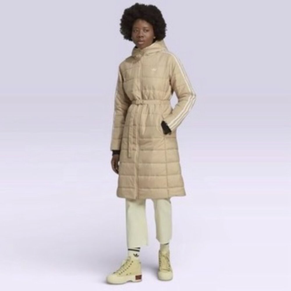 Adidas Originals Long Puffer Jacket XL Beige Belted Hooded NWT HK5252 - Picture 4 of 11